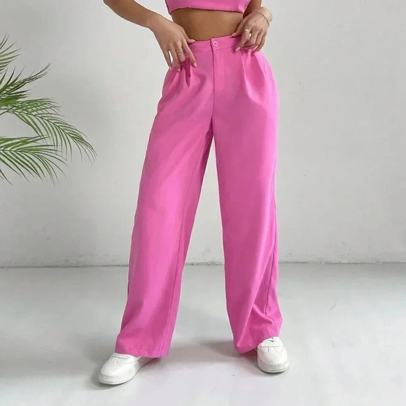 Pink Casual womens Solid Crop Cami Top & Wide Leg Pants - Picture 4 of 5